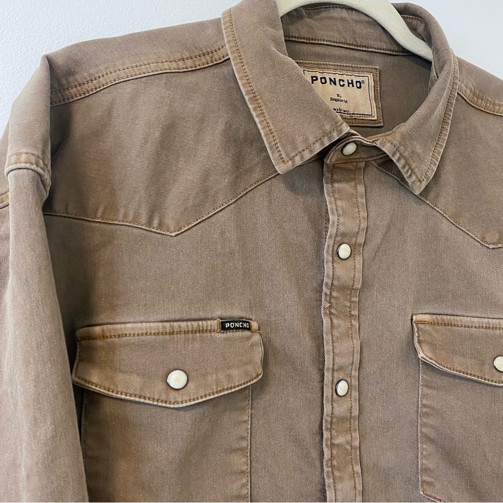 Poncho Cotulla Performance Denim Western Pearl Snap Shirt BrownWorkwear Outdoors - Picture 9 of 13